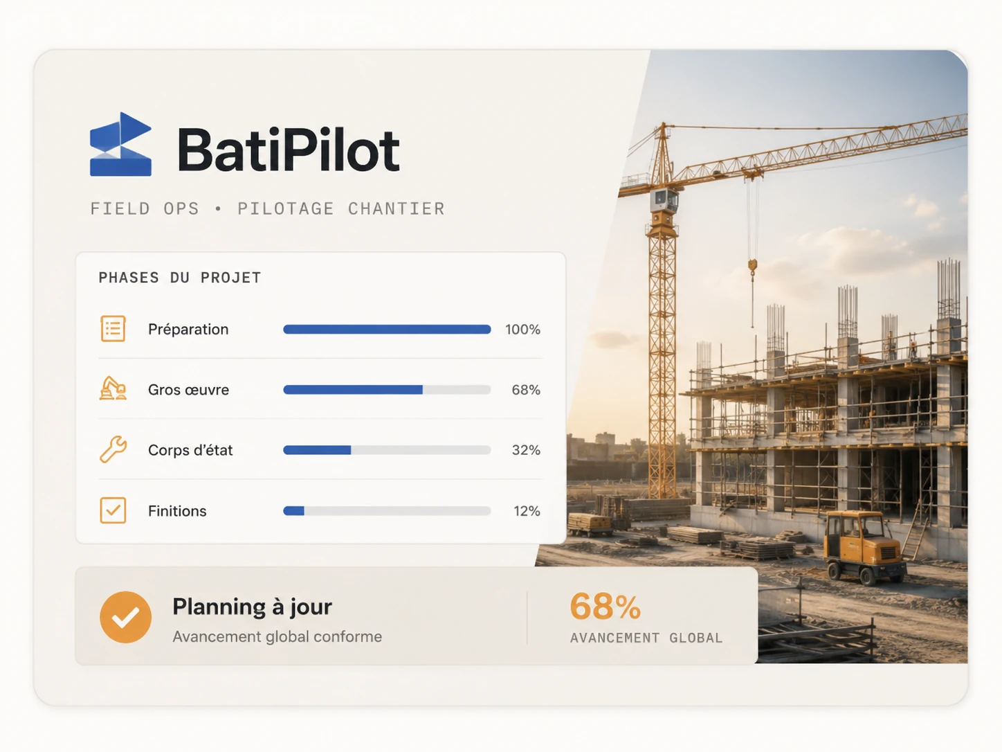 Planche éditoriale BatiPilot : phases de chantier avec avancement (préparation 100 %, gros œuvre 68 %, corps d'état 32 %, finitions 12 %), planning à jour et vue de chantier