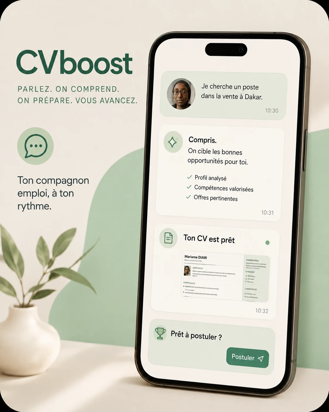 Planche éditoriale CVboost : « Ton compagnon emploi, à ton rythme » : conversation mobile où le candidat exprime sa recherche, reçoit un CV prêt et postule